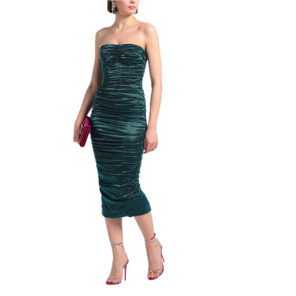 NWT Dolce & Gabbana Green Longuette Lame Satin Ruched Bodycon Midi Dress 44 L - Picture 2 of 12